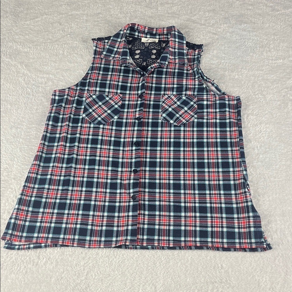 M Fasis Plaid Sleeveless Top Womens Size L Navy Red Lace Back Yoke
